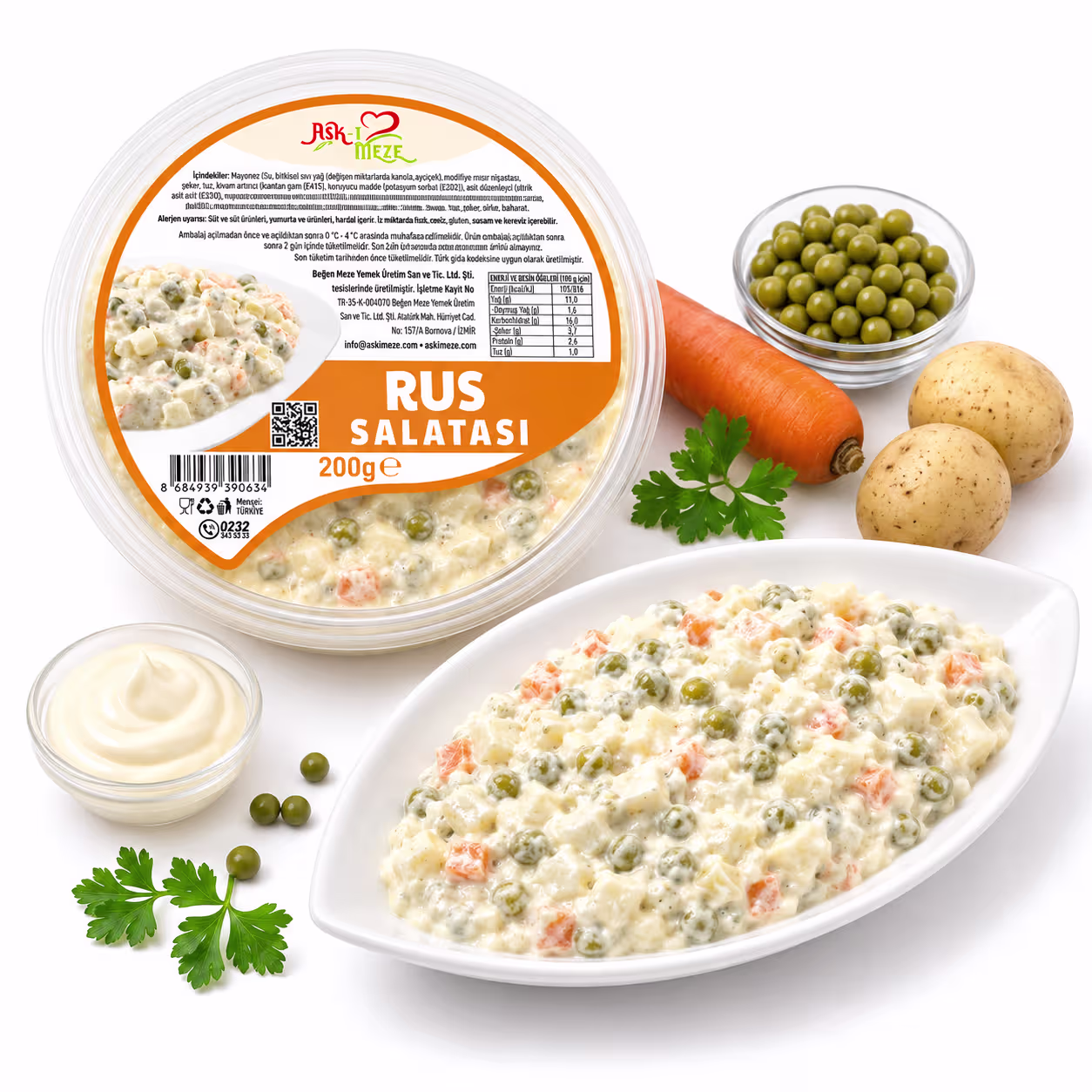 rus salatası, mezeler içinde en çok ilgi gören çeşitlerden rus salata mezesi aşkı meze 200 gramlık paketlerde